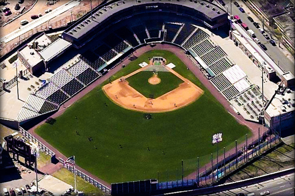 Aerial view of Bears and Eagles Riverfront Stadium located in