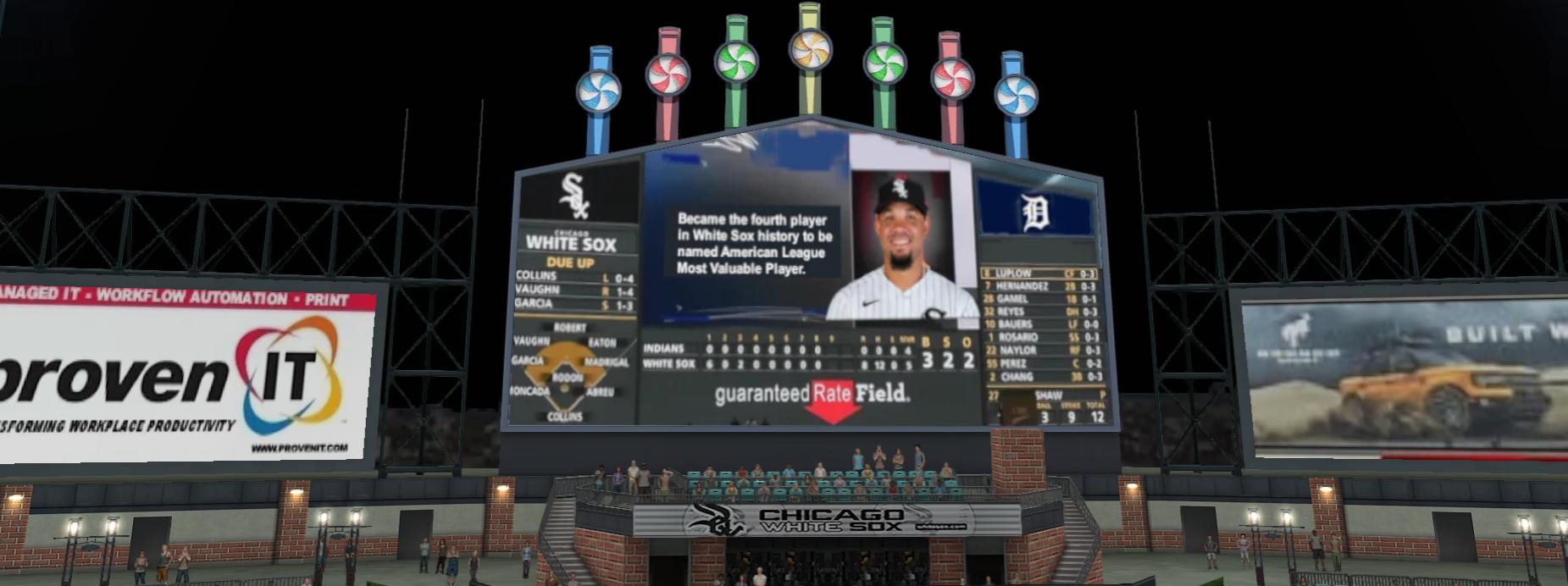 A general interior view of Guaranteed Rate Field scoreboard before